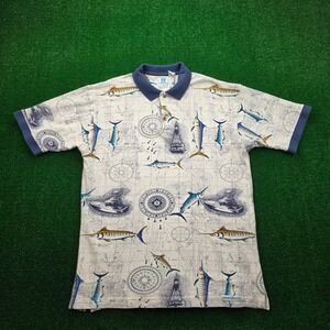 Hook & Tackle Outfitters Polo Shirt Mens Large Marlin Nautical Fishing AOP